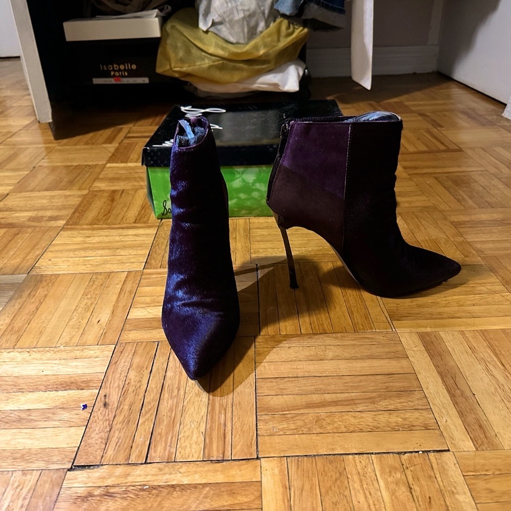 Sam Edelman Burgundy Faux-hair Heeled Booties